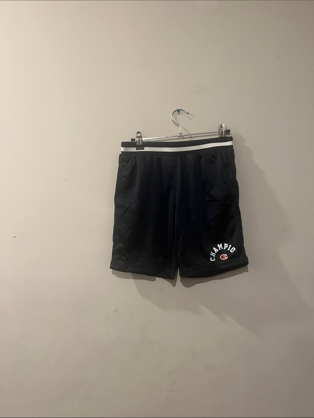 Champion Men's Black Athletic Mesh Shorts with White Waistband Stripe